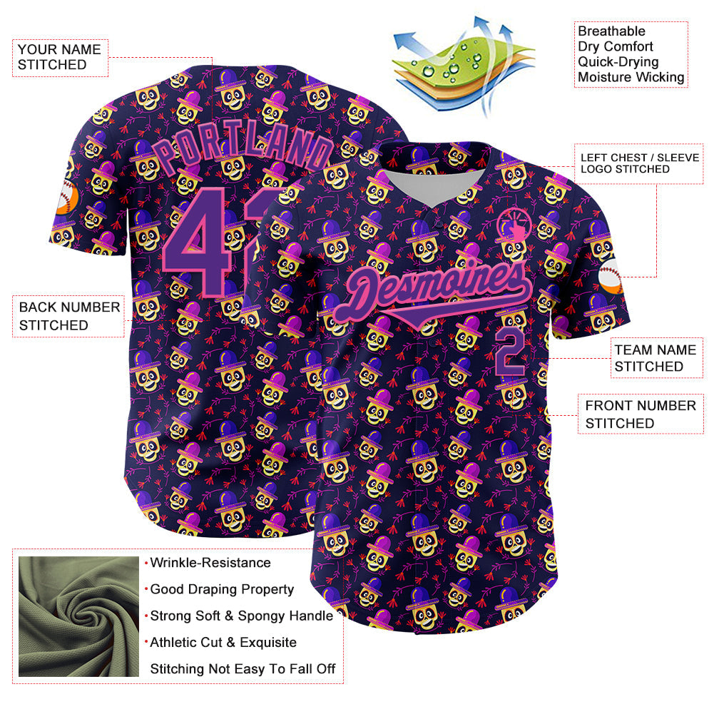 Custom Purple Pink 3D Pattern Design Rave Skull Authentic Baseball Jersey view 3