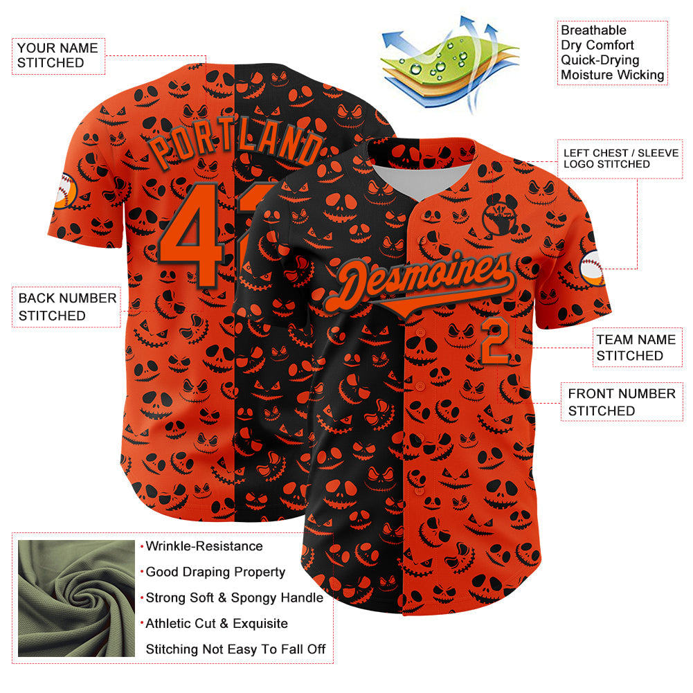 Custom Orange Black 3D Pattern Design Rave Halloween Pumpkin Authentic Baseball Jersey view 3