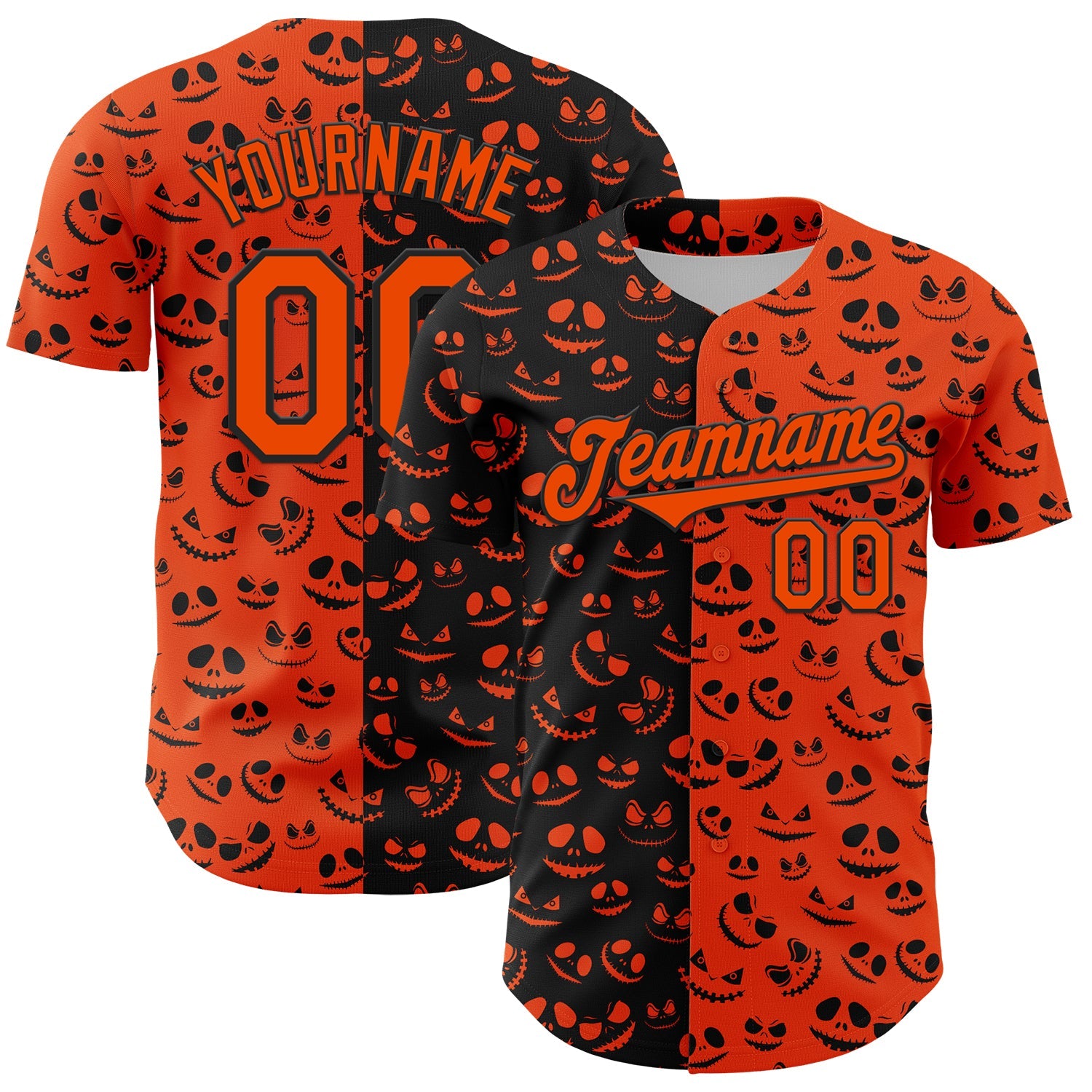 Custom Orange Black 3D Pattern Design Rave Halloween Pumpkin Authentic Baseball Jersey - Main View