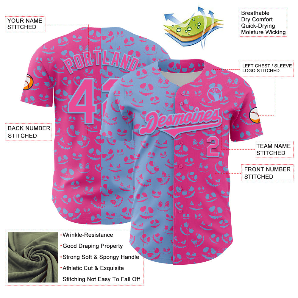 Custom Pink Light Blue 3D Pattern Design Rave Halloween Pumpkin Authentic Baseball Jersey view 3