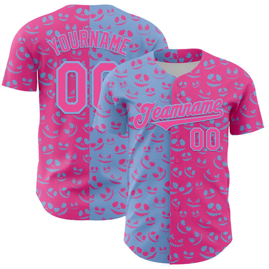 Custom Pink Light Blue 3D Pattern Design Rave Halloween Pumpkin Authentic Baseball Jersey - Main View