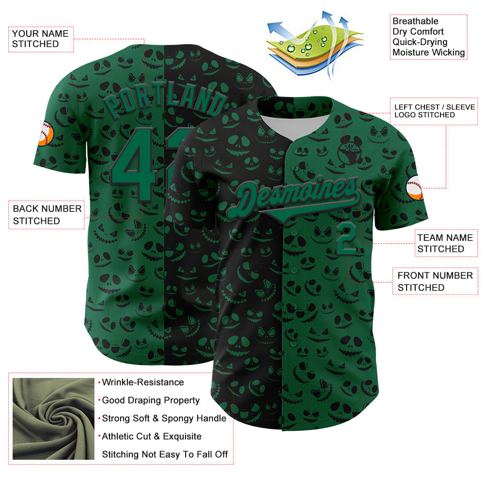 Custom Kelly Green Black 3D Pattern Design Rave Halloween Pumpkin Authentic Baseball Jersey view 3