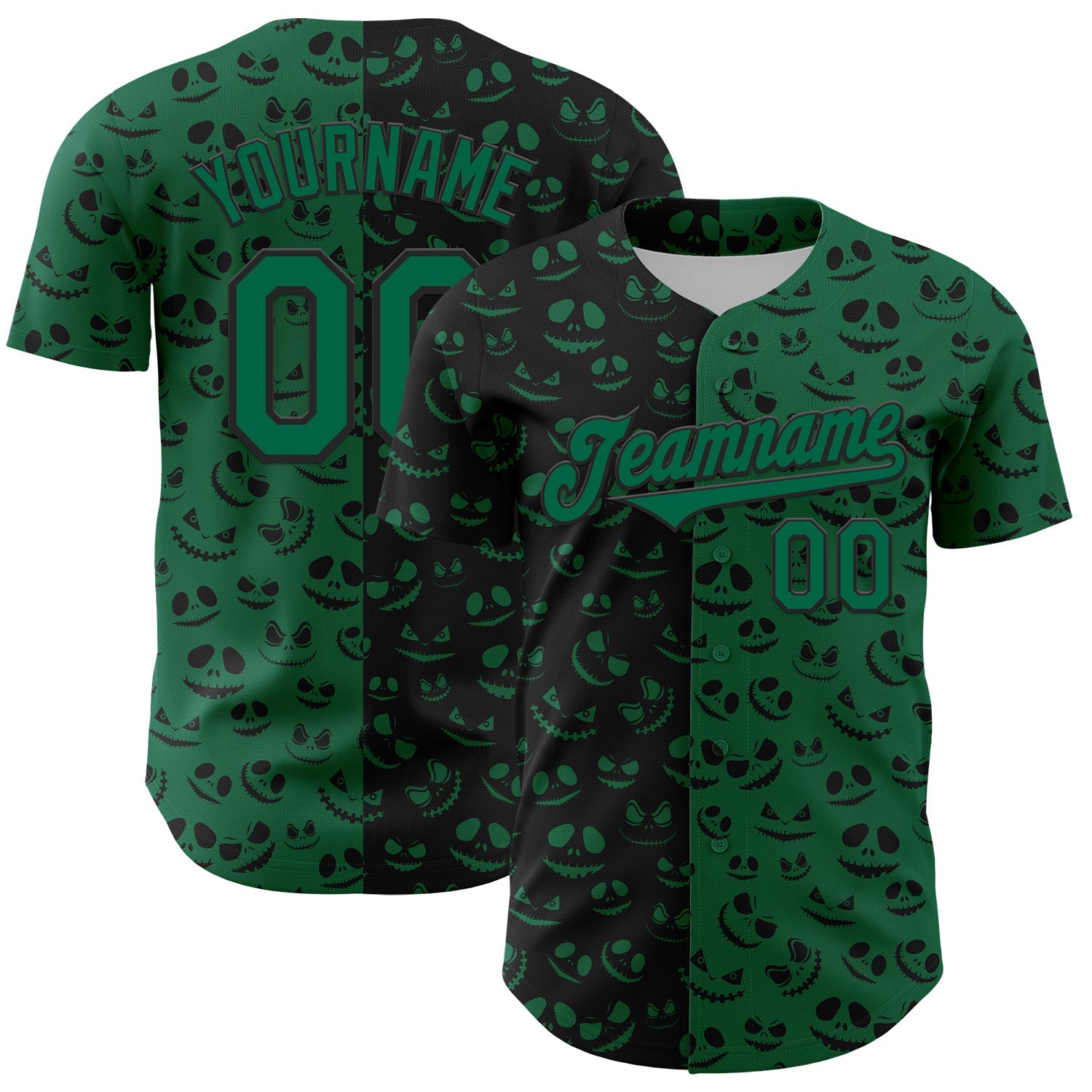 Custom Kelly Green Black 3D Pattern Design Rave Halloween Pumpkin Authentic Baseball Jersey - Main View