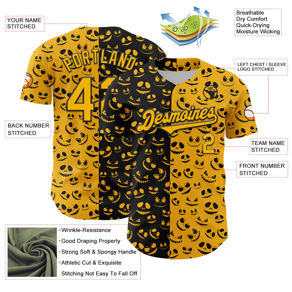 Custom Gold Black 3D Pattern Design Rave Halloween Pumpkin Authentic Baseball Jersey view 3