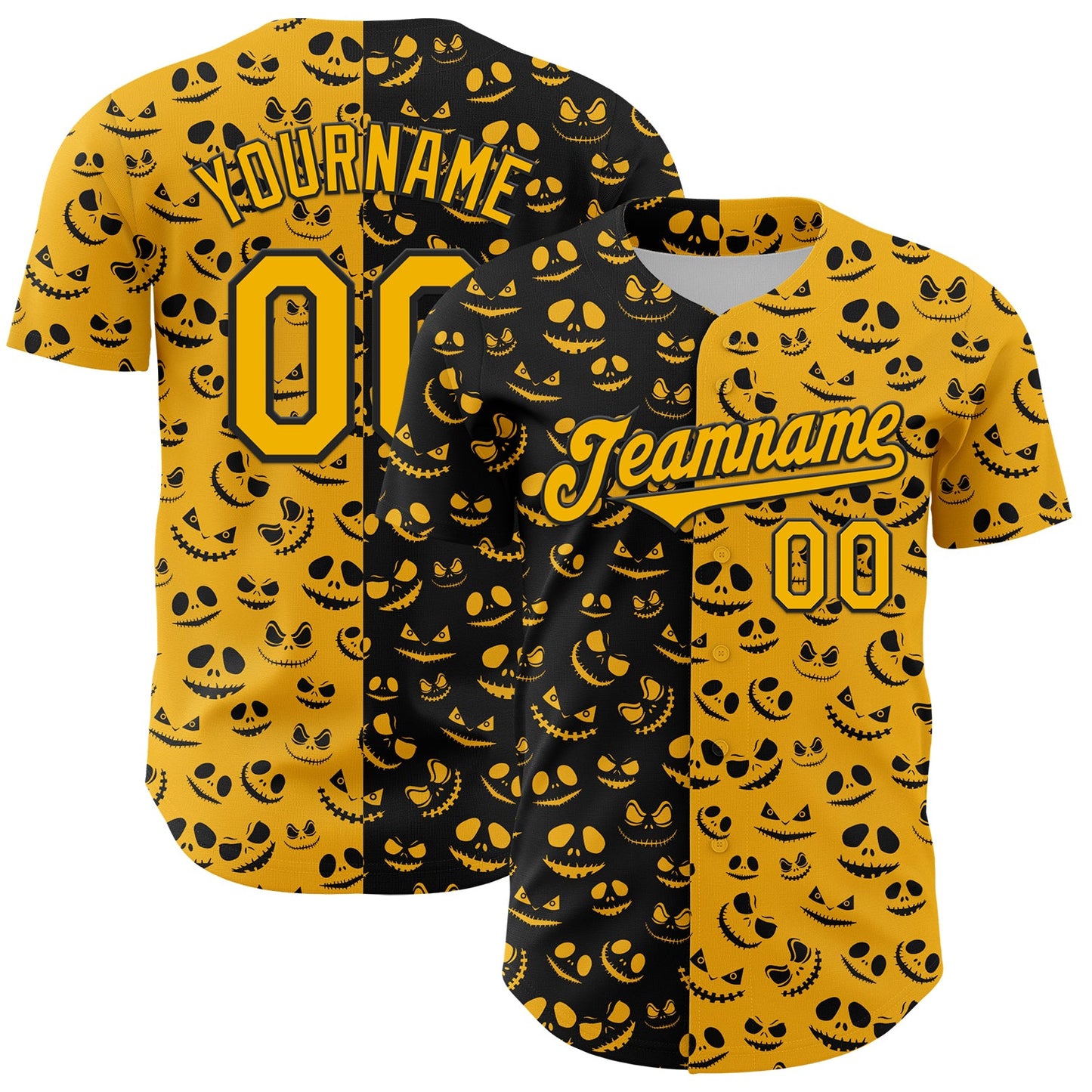 Custom Gold Black 3D Pattern Design Rave Halloween Pumpkin Authentic Baseball Jersey - Main View