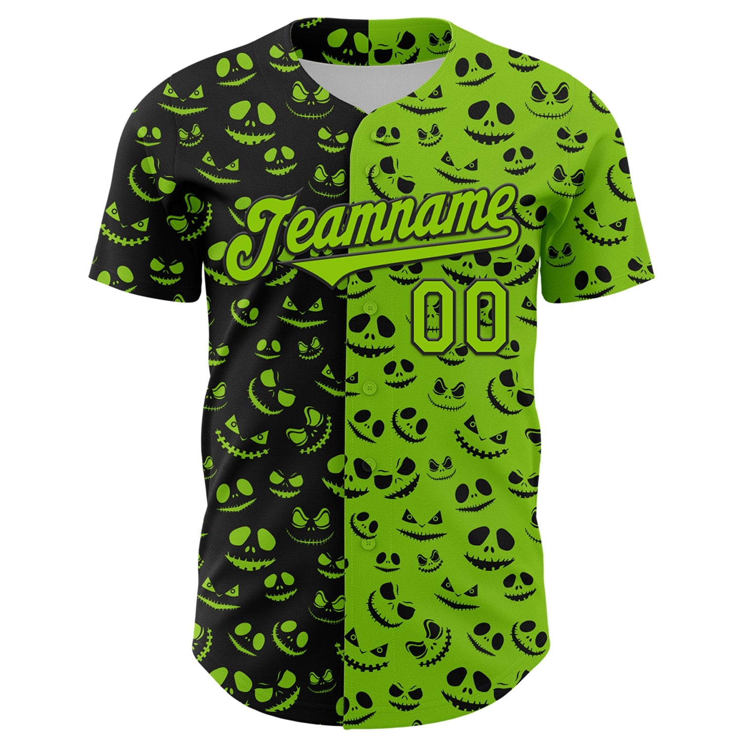 Custom Neon Green Black 3D Pattern Design Rave Halloween Pumpkin Authentic Baseball Jersey view 2