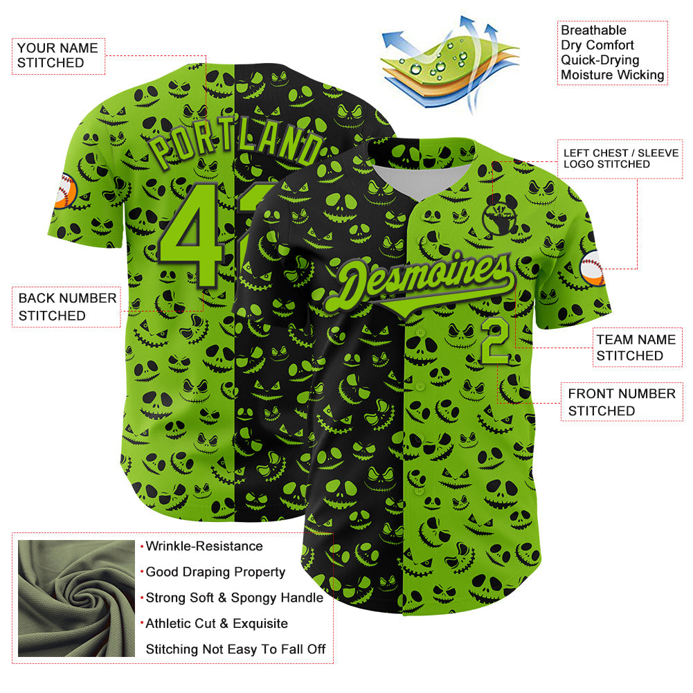 Custom Neon Green Black 3D Pattern Design Rave Halloween Pumpkin Authentic Baseball Jersey view 3