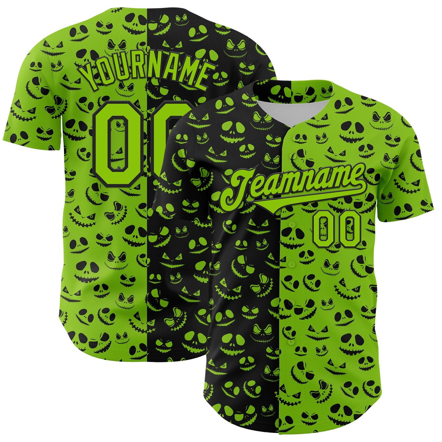 Custom Neon Green Black 3D Pattern Design Rave Halloween Pumpkin Authentic Baseball Jersey - Main View