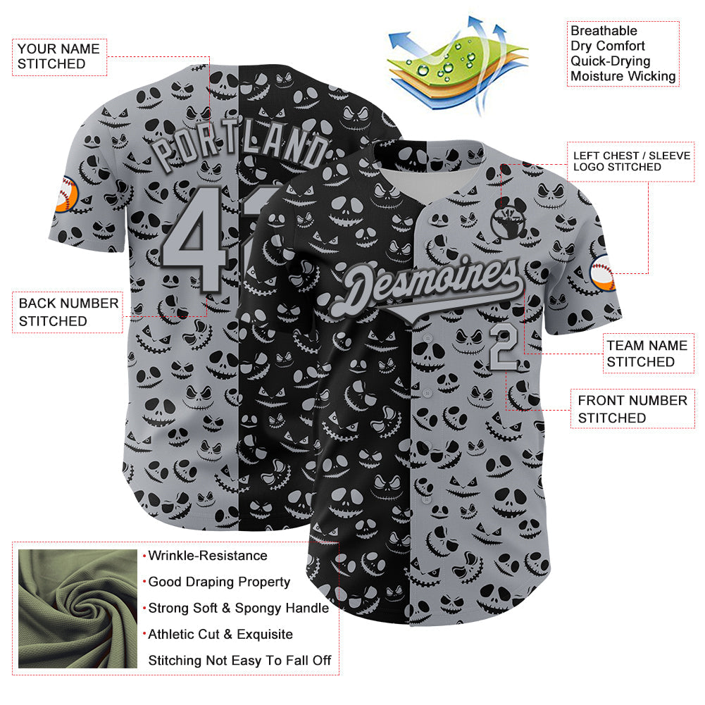 Custom Gray Black 3D Pattern Design Rave Halloween Pumpkin Authentic Baseball Jersey view 3