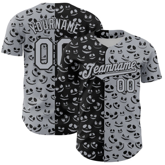 Custom Gray Black 3D Pattern Design Rave Halloween Pumpkin Authentic Baseball Jersey - Main View