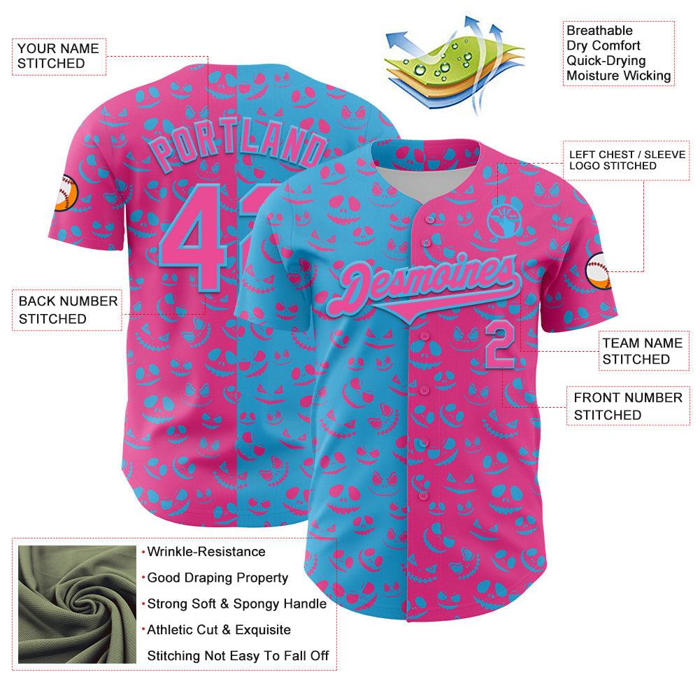 Custom Pink Sky Blue 3D Pattern Design Rave Halloween Pumpkin Authentic Baseball Jersey view 3