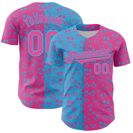 Custom Pink Sky Blue 3D Pattern Design Rave Halloween Pumpkin Authentic Baseball Jersey - Main View