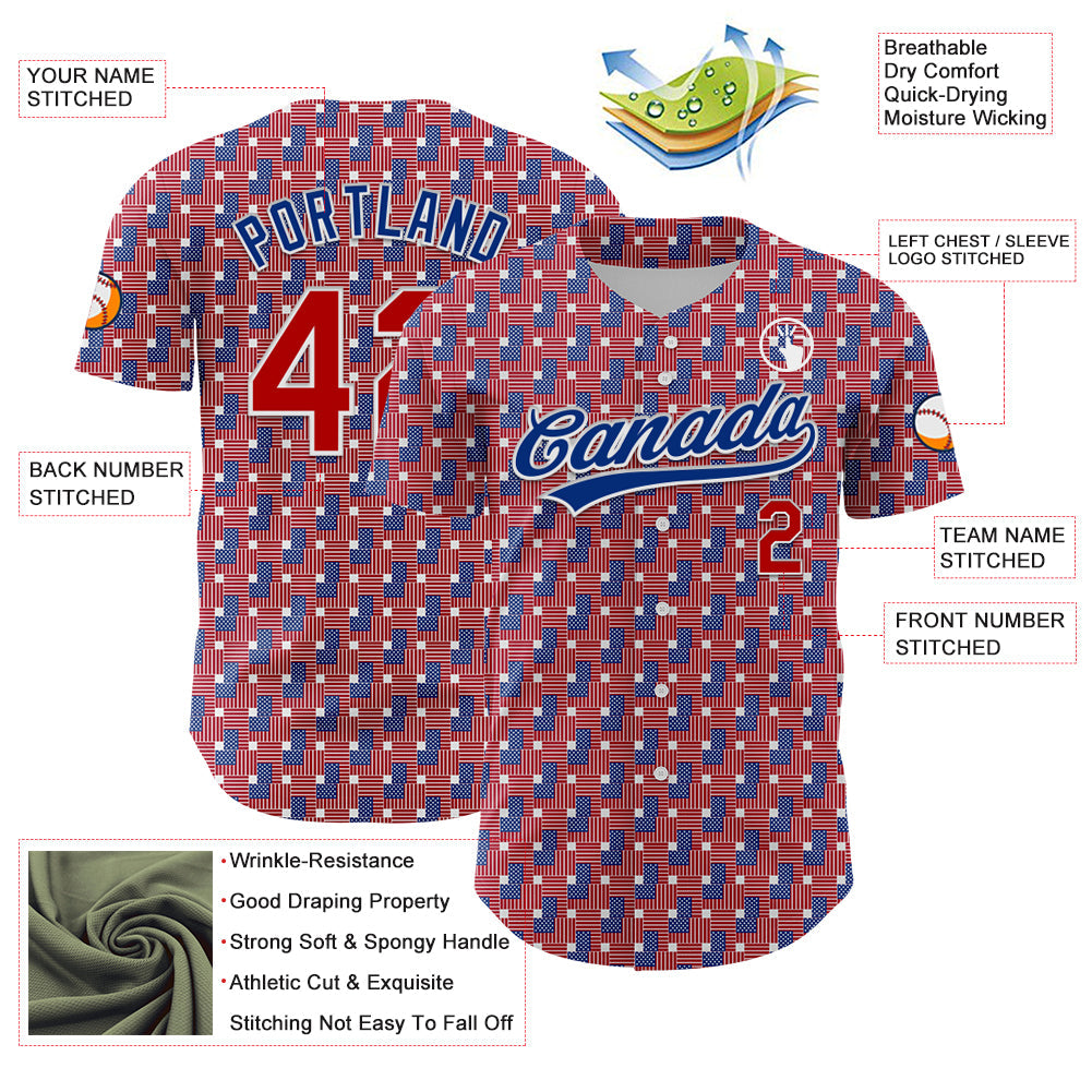 Custom Red Royal-White 3D American Flag Authentic Baseball Jersey view 3