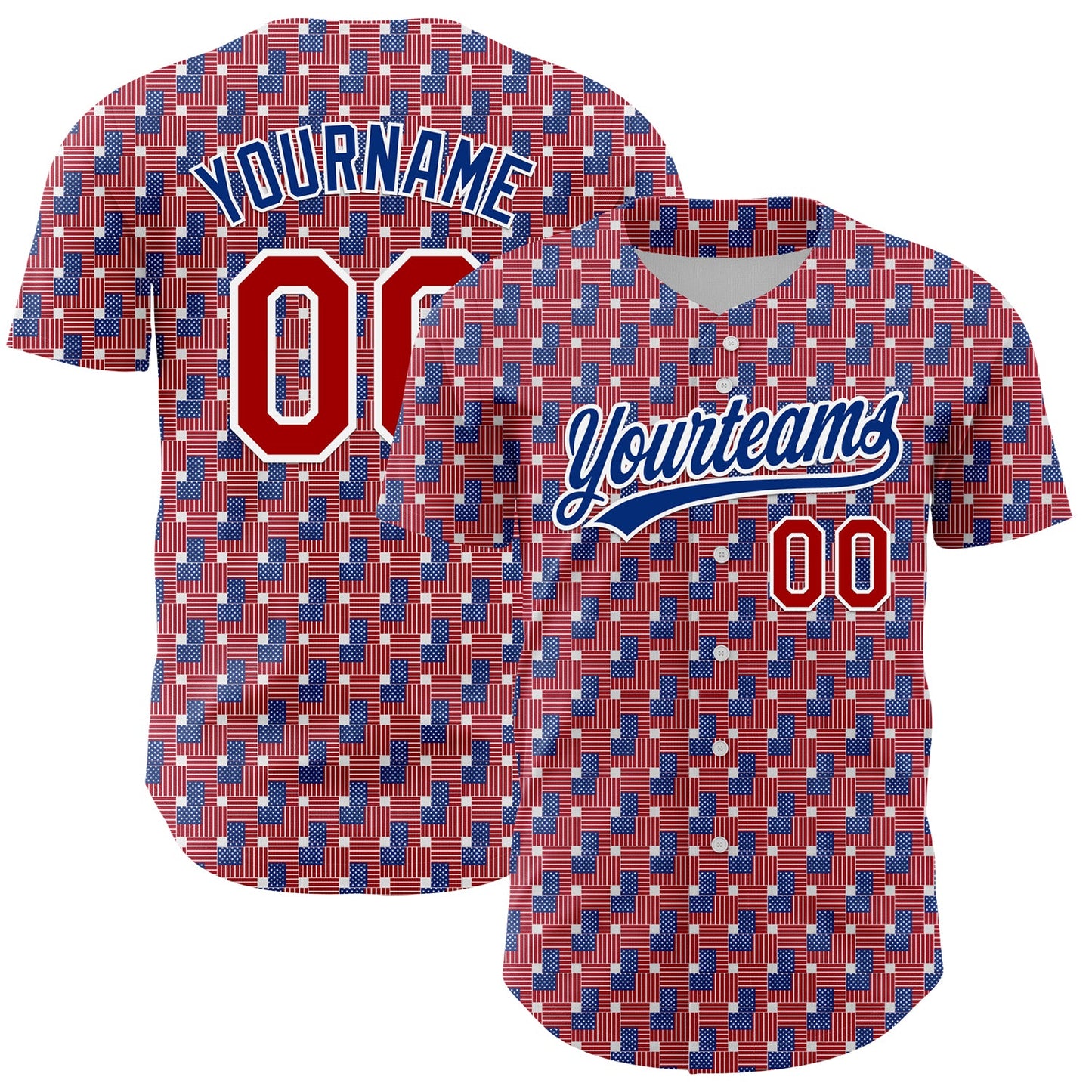 Custom Red Royal-White 3D American Flag Authentic Baseball Jersey - Main View