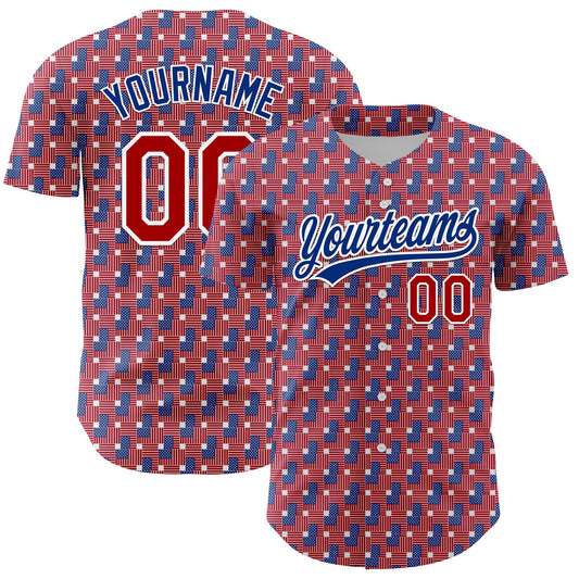 Custom Red Royal-White 3D American Flag Authentic Baseball Jersey - Main View