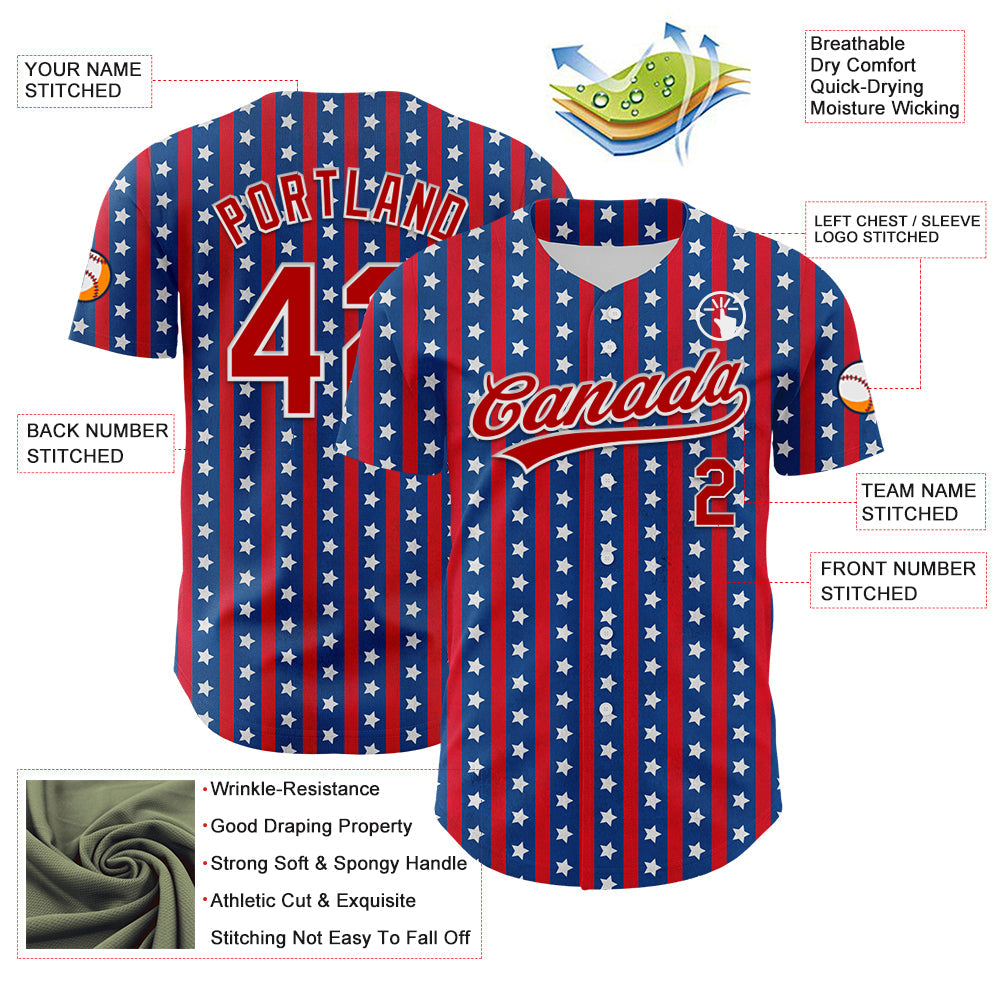 Custom Royal Red-White 3D American Flag Stars Authentic Baseball Jersey view 3