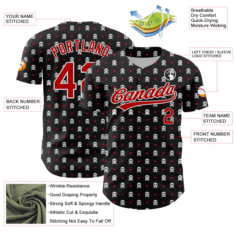 Custom Black Red-White 3D Gothic Style Skull Authentic Baseball Jersey view 3