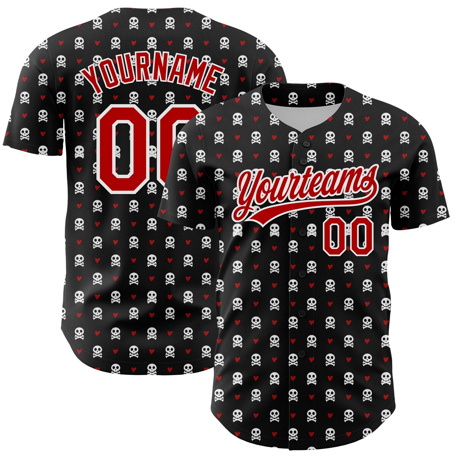 Custom Black Red-White 3D Gothic Style Skull Authentic Baseball Jersey - Main View