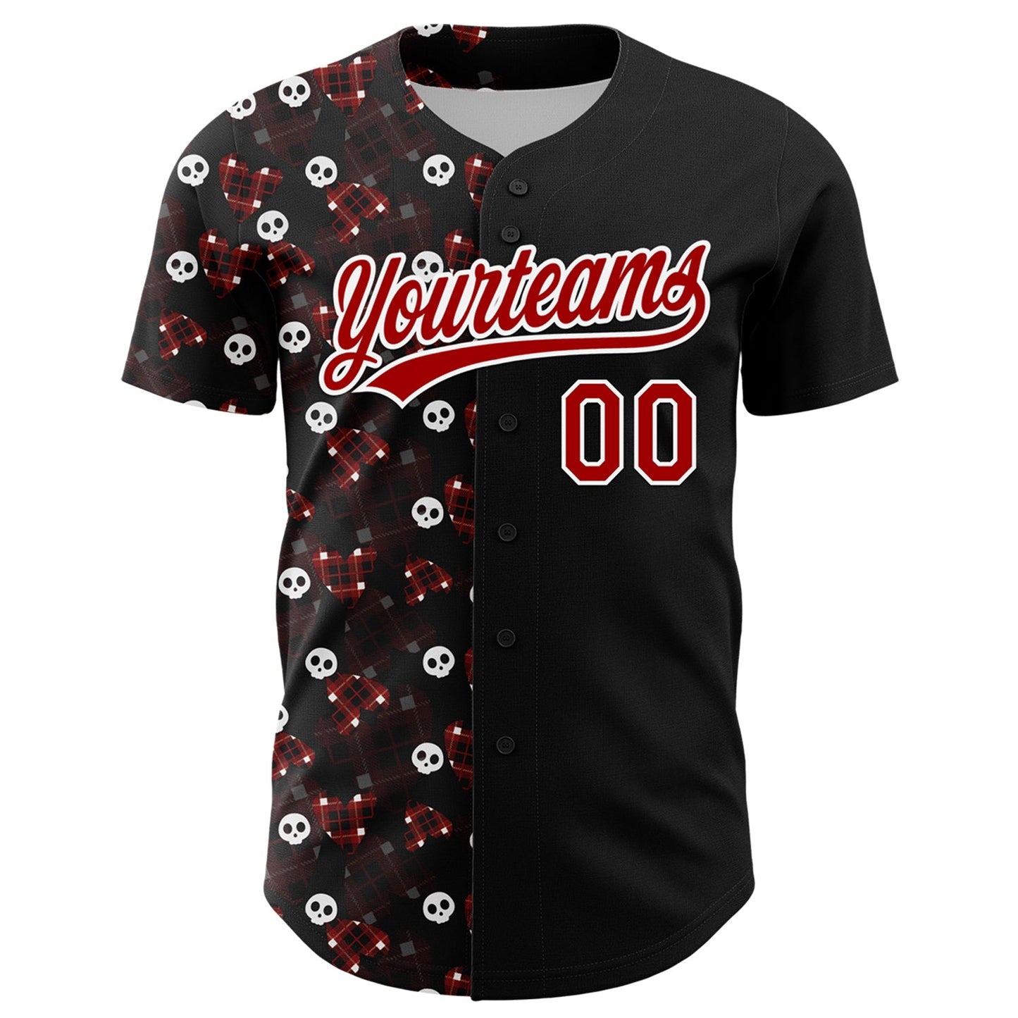 Custom Black Red-White 3D Gothic Style Skull Authentic Baseball Jersey view 2