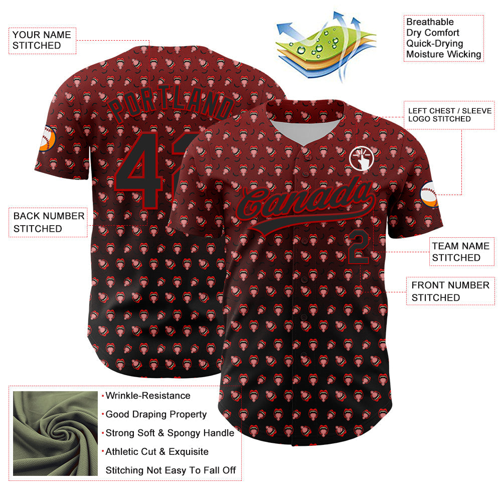 Custom Red Black 3D Pattern Design Gothic Style Devil Authentic Baseball Jersey view 3