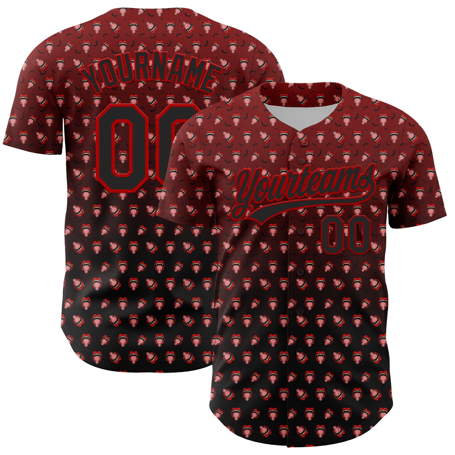 Custom Red Black 3D Pattern Design Gothic Style Devil Authentic Baseball Jersey - Main View