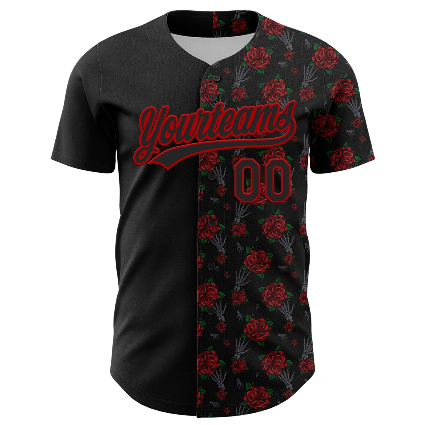 Custom Black Red 3D Pattern Design Gothic Style Rose Authentic Baseball Jersey view 2