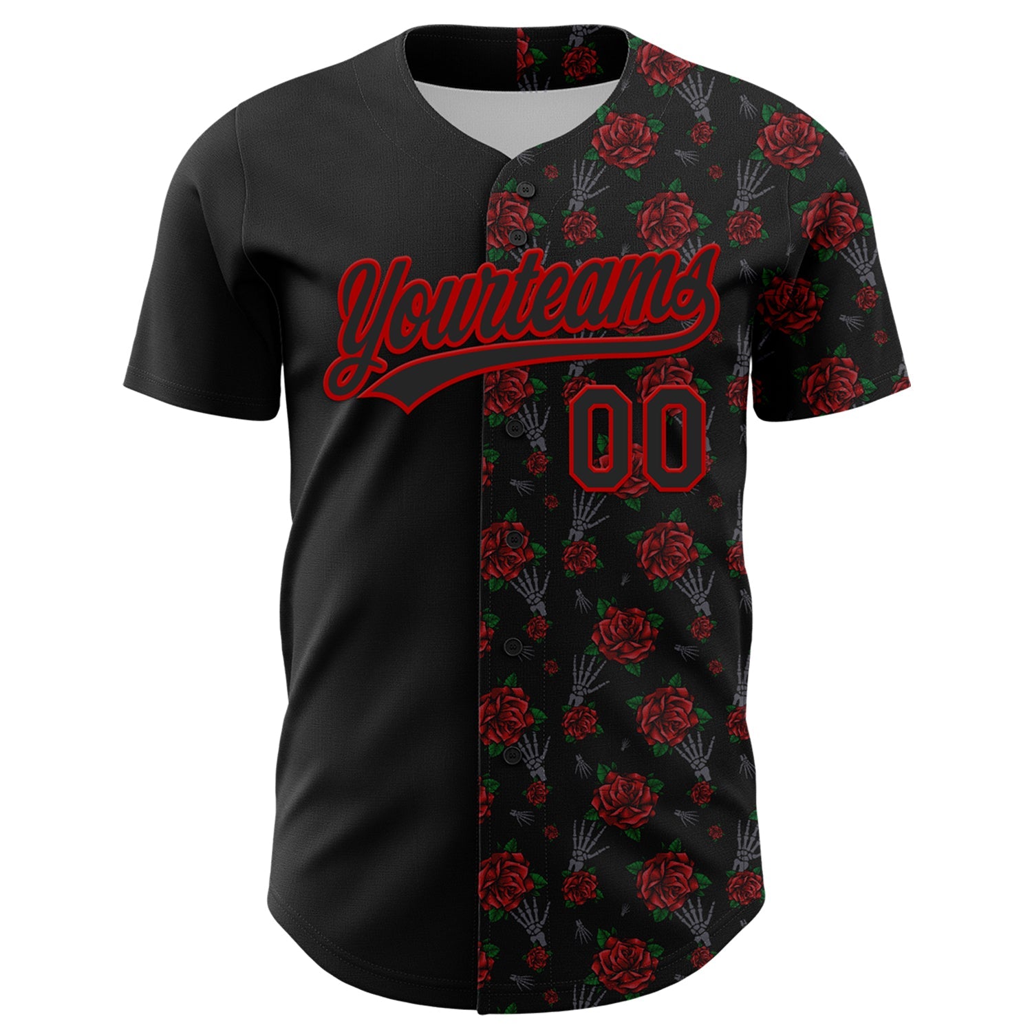 Custom Black Red 3D Pattern Design Gothic Style Rose Authentic Baseball Jersey view 2