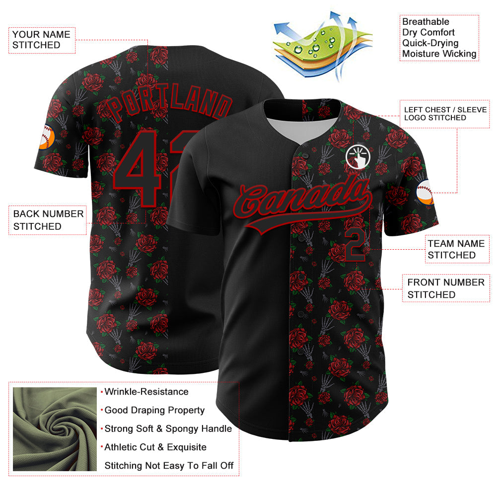 Custom Black Red 3D Pattern Design Gothic Style Rose Authentic Baseball Jersey view 3