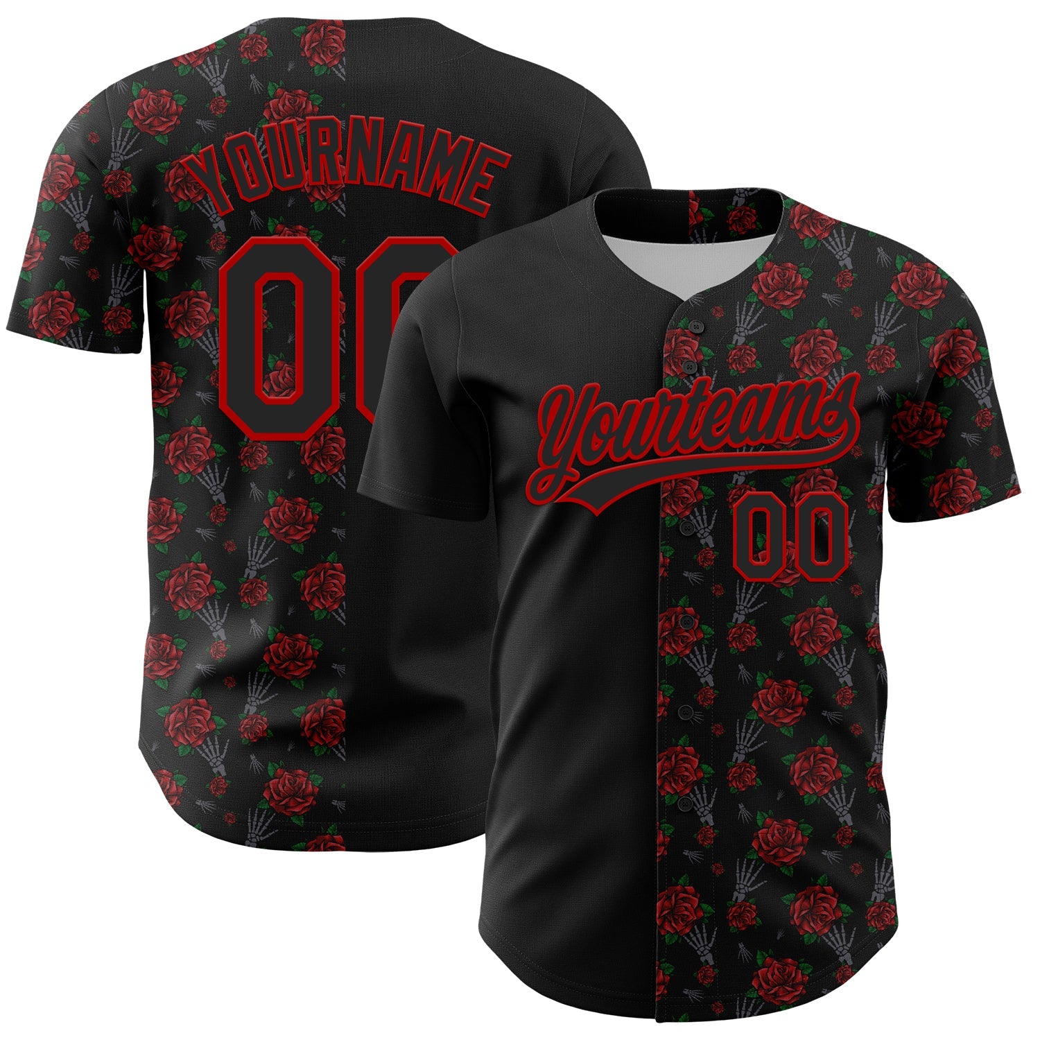 Custom Black Red 3D Pattern Design Gothic Style Rose Authentic Baseball Jersey - Main View
