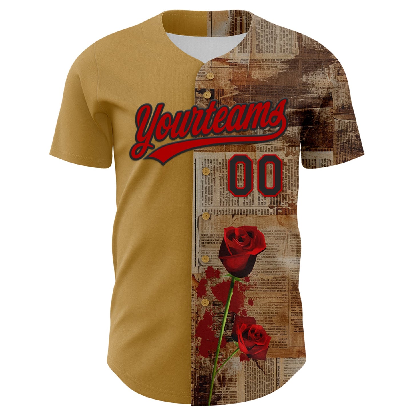 Custom Old Gold Red-Black 3D Pattern Design Gothic Style Rose Authentic Baseball Jersey view 2