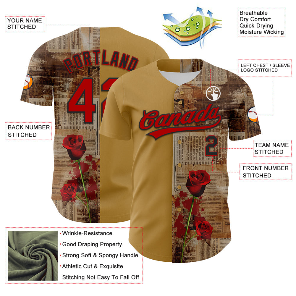 Custom Old Gold Red-Black 3D Pattern Design Gothic Style Rose Authentic Baseball Jersey view 3