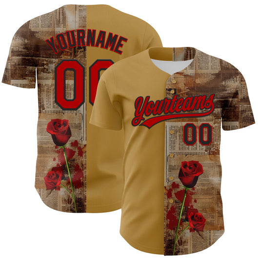 Custom Old Gold Red-Black 3D Pattern Design Gothic Style Rose Authentic Baseball Jersey - Main View