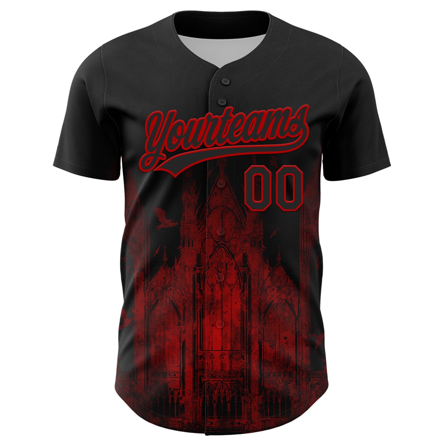 Custom Black Red 3D Pattern Design Palace Gothic Style Church Authentic Baseball Jersey view 2