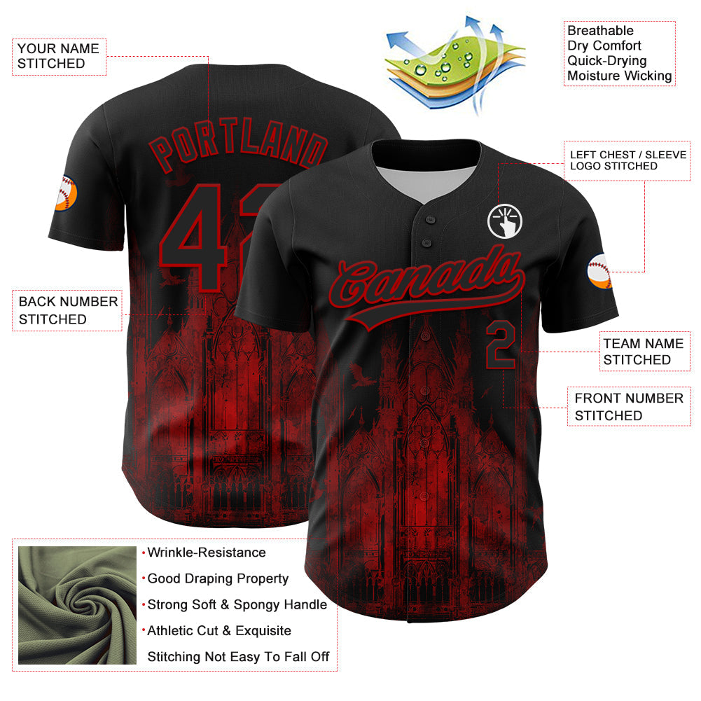 Custom Black Red 3D Pattern Design Palace Gothic Style Church Authentic Baseball Jersey view 3