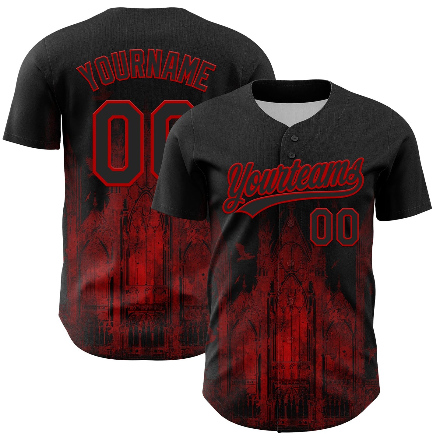 Custom Black Red 3D Pattern Design Palace Gothic Style Church Authentic Baseball Jersey - Main View