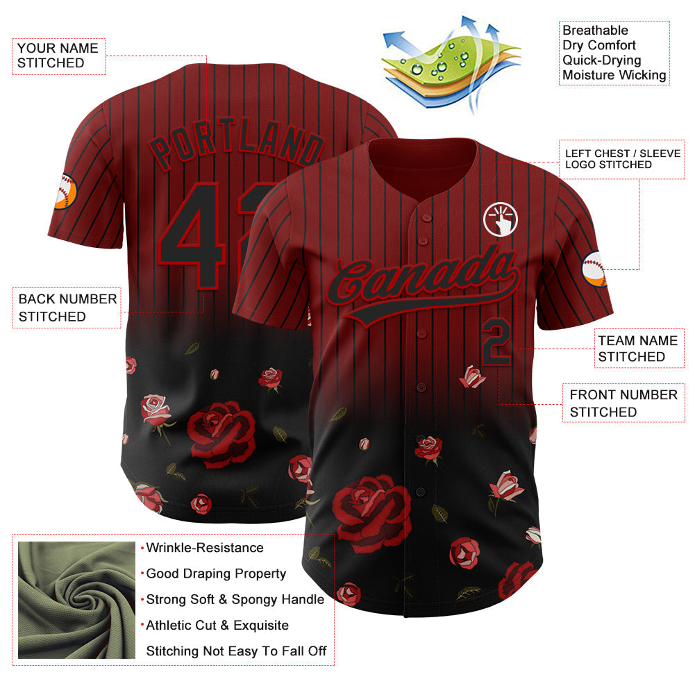 Custom Crimson Black-Red 3D Pattern Design Gothic Style Rose Authentic Baseball Jersey view 3