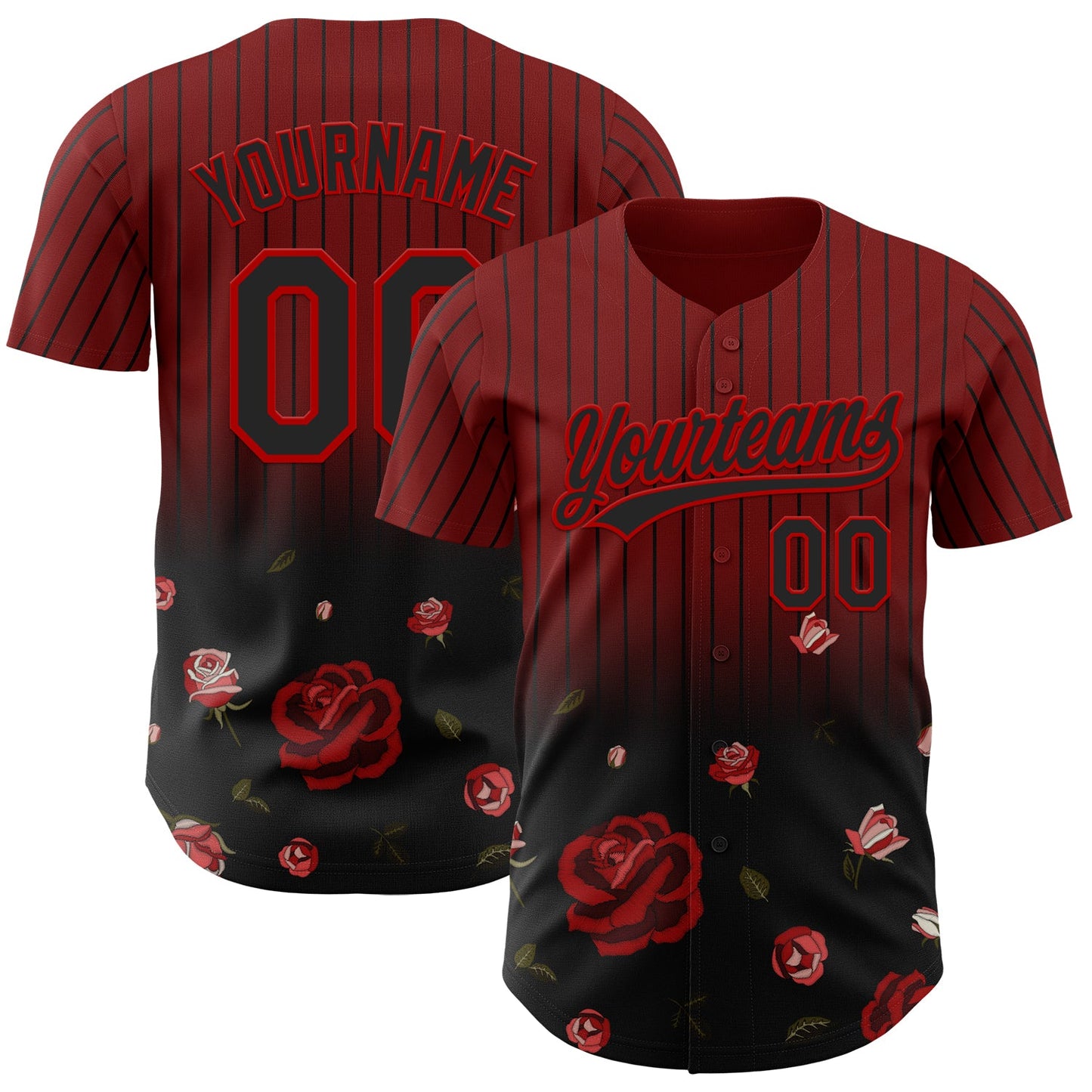Custom Crimson Black-Red 3D Pattern Design Gothic Style Rose Authentic Baseball Jersey - Main View