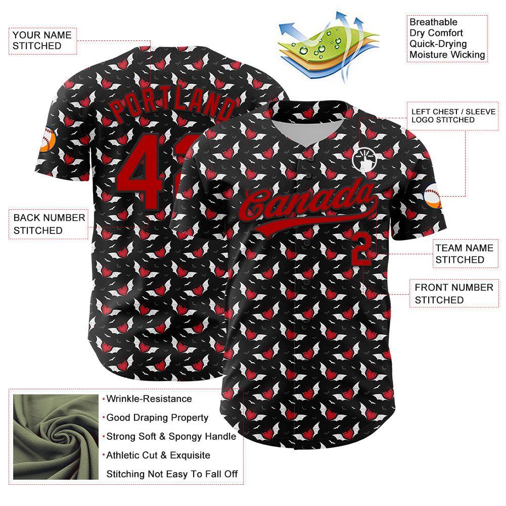 Custom Black Red 3D Pattern Design Gothic Style Devil Heart Authentic Baseball Jersey view 3