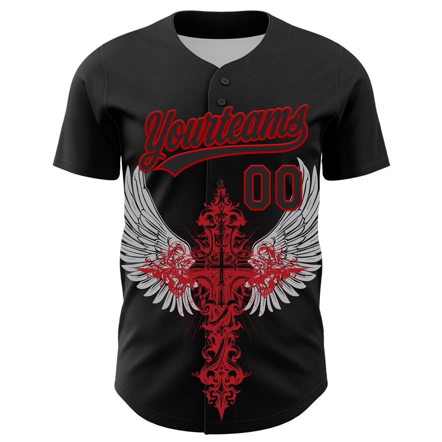 Custom Black Red 3D Pattern Design Gothic Style Cross With Wings Authentic Baseball Jersey view 2