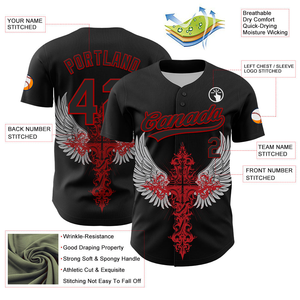 Custom Black Red 3D Pattern Design Gothic Style Cross With Wings Authentic Baseball Jersey view 3