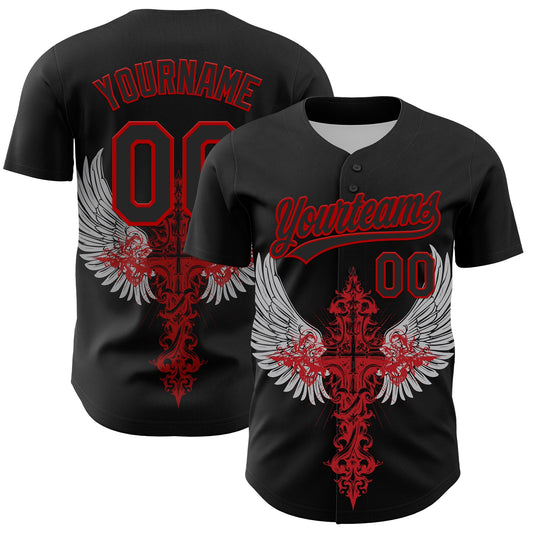 Custom Black Red 3D Pattern Design Gothic Style Cross With Wings Authentic Baseball Jersey - Main View