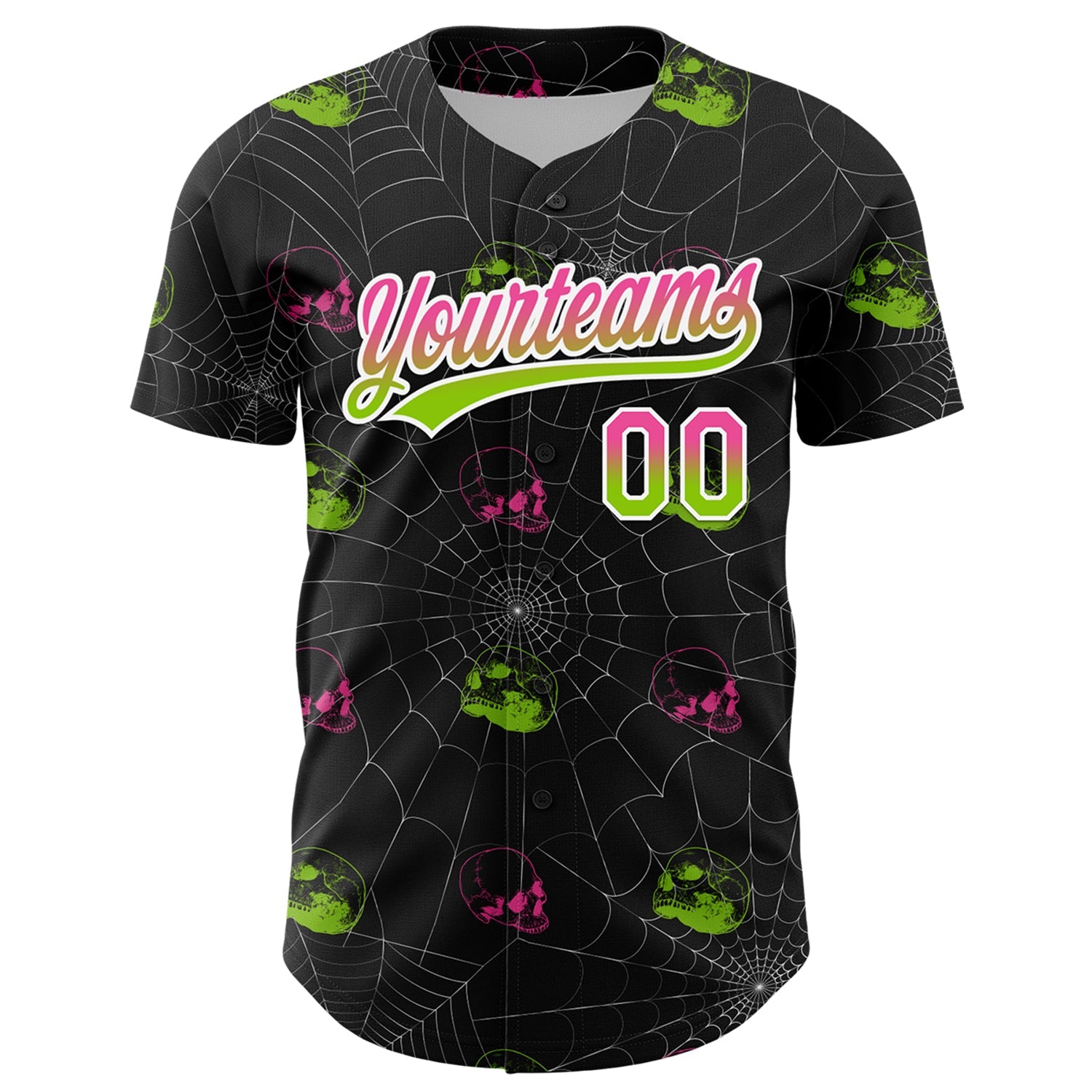 Custom Black Pink-Neon Green 3D Gothic Style Fluorescence Skull Authentic Baseball Jersey view 2