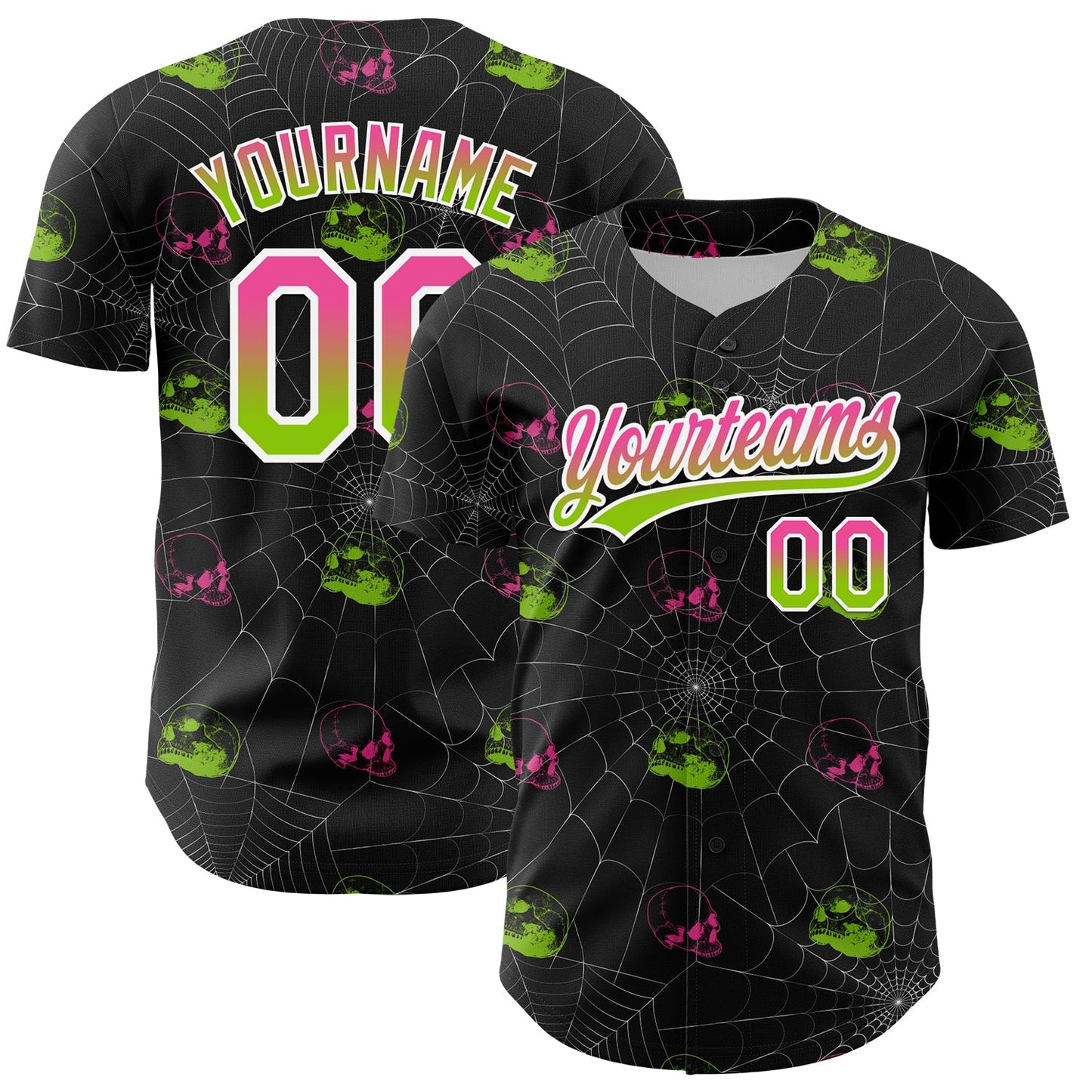 Custom Black Pink-Neon Green 3D Gothic Style Fluorescence Skull Authentic Baseball Jersey - Main View