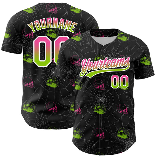 Custom Black Pink-Neon Green 3D Gothic Style Fluorescence Skull Authentic Baseball Jersey - Main View
