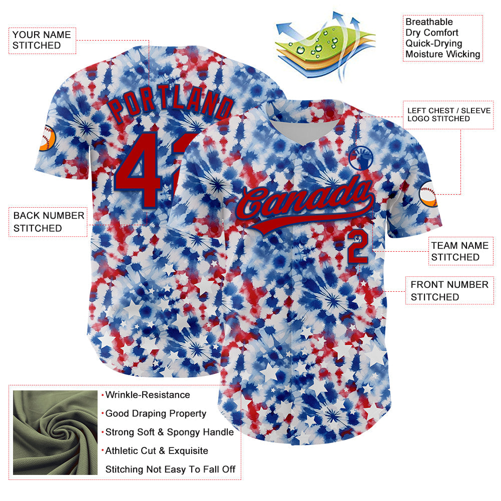 Custom White Red-Royal 3D American Flag And Fireworks Authentic Baseball Jersey view 3