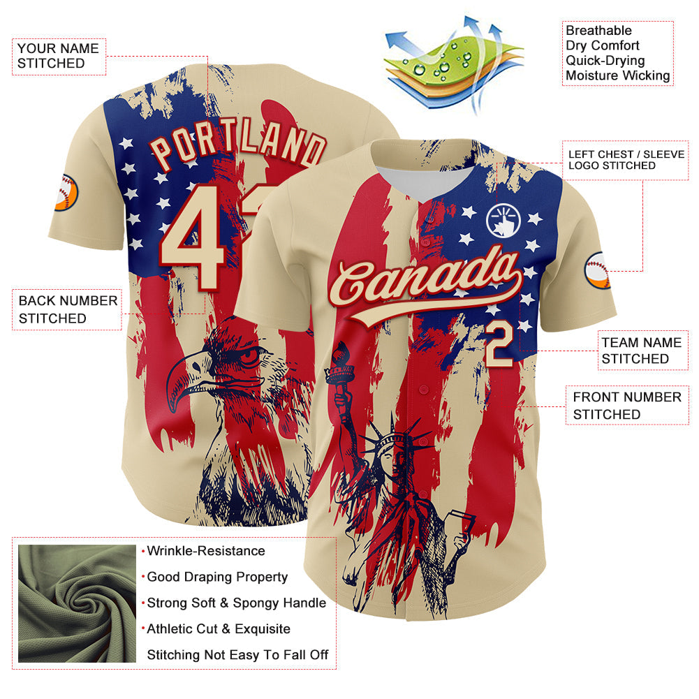 Custom Cream Red-Royal 3D Pattern Design American Spirit American Eagle And Stars Authentic Baseball Jersey view 3