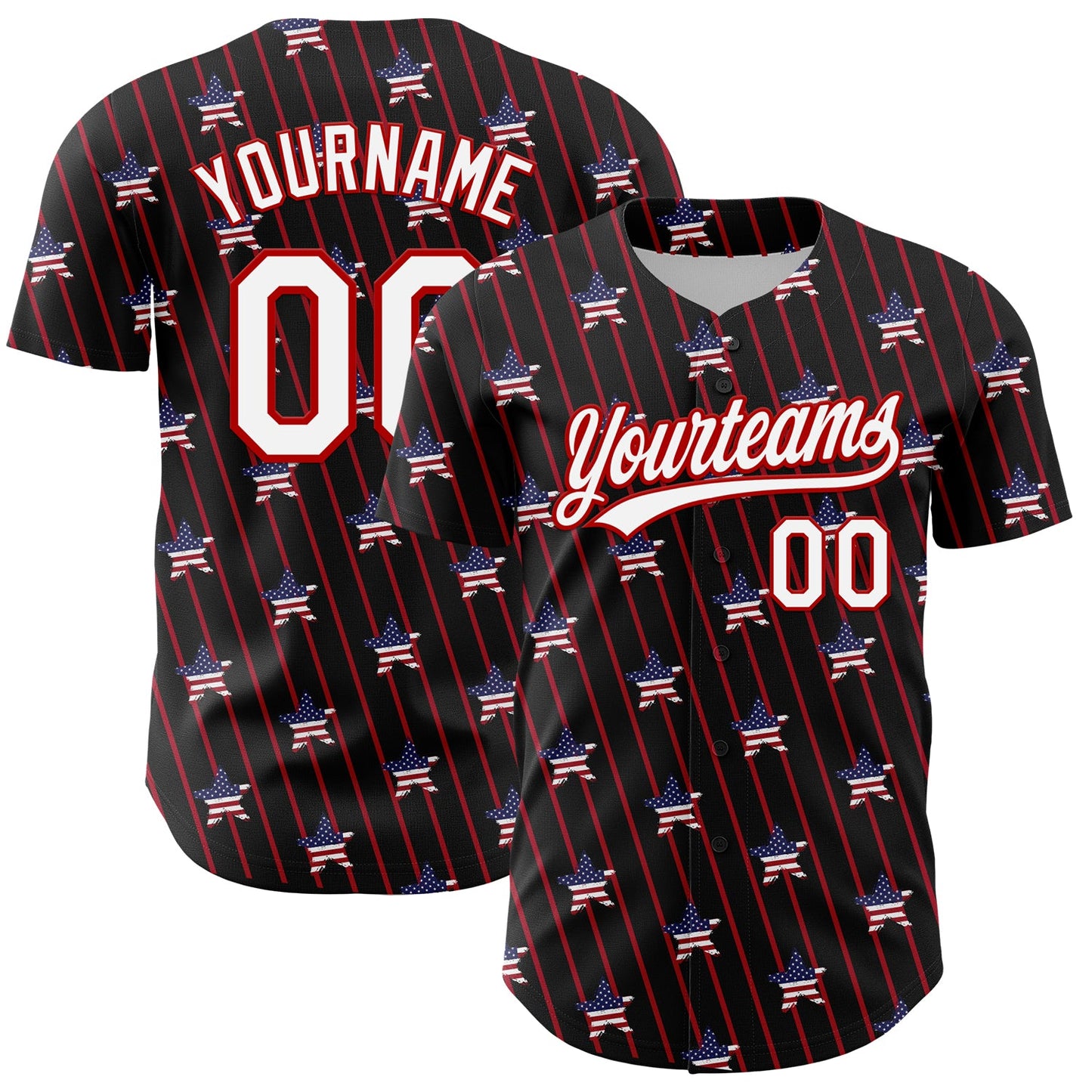 Custom Black White-Red 3D American Spirit American Flag And Stars Authentic Baseball Jersey - Main View