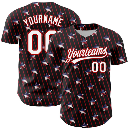 Custom Black White-Red 3D American Spirit American Flag And Stars Authentic Baseball Jersey - Main View