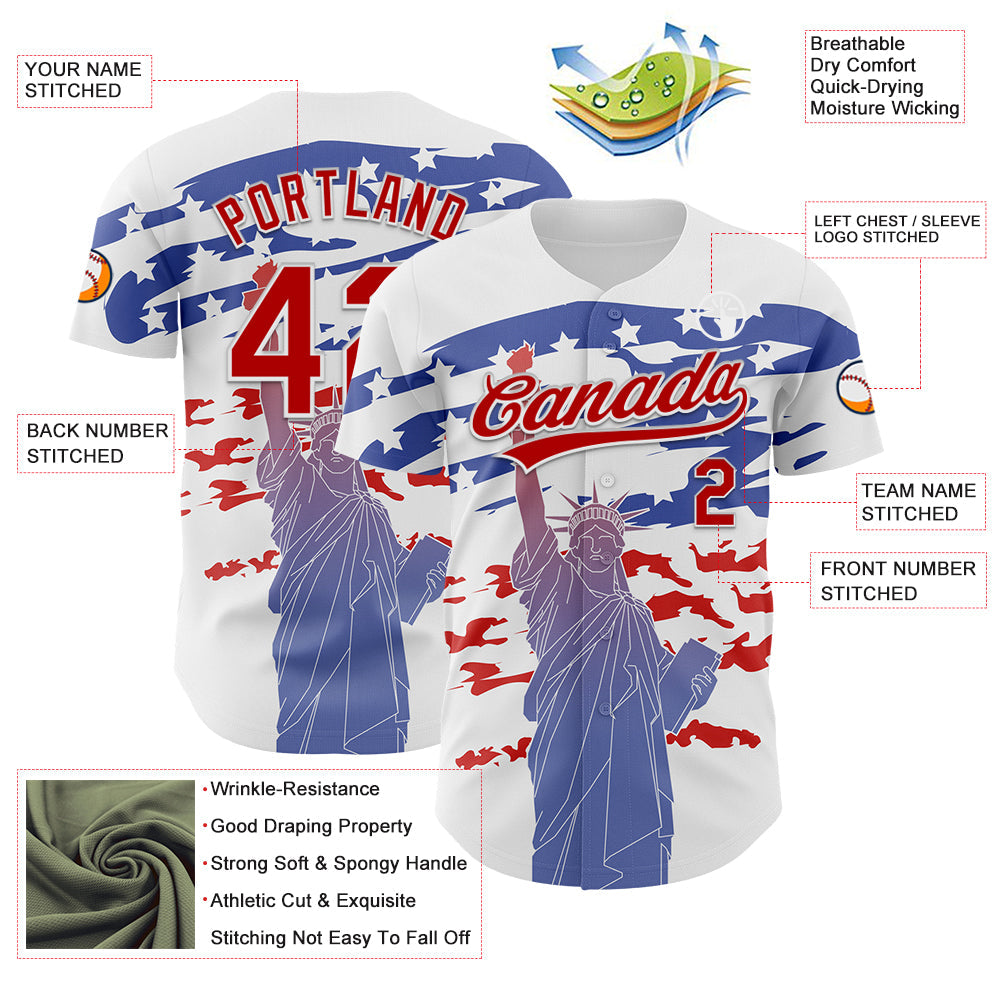 Custom White Red 3D American Flag And Statue of Liberty Authentic Baseball Jersey view 3