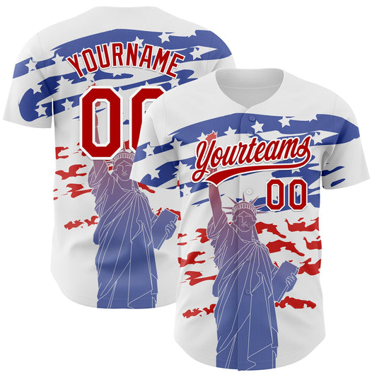 Custom White Red 3D American Flag And Statue of Liberty Authentic Baseball Jersey - Main View